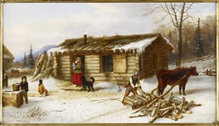 Cornelius Krieghoff Chopping Logs Outside a Snow Covered Log Cabin Norge oil painting art